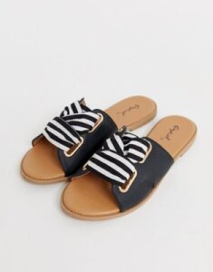Qupid stripe mule sandals-Black