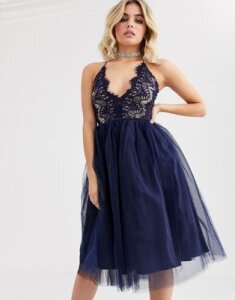 Rare London cami strap dress with cup detail and tulle skirt in navy-Black