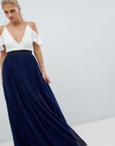 Rare London lace top contrast skirt maxi dress-Navy