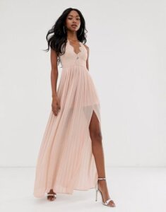 Rare London maxi dress with cup detail and scalloped back in taupe-Pink