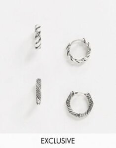 Reclaimed Vintage Inspired 2 pack huggie hoops with emboss and twist detail-Silver