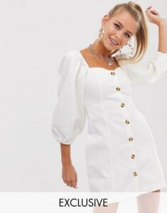 Reclaimed Vintage inspired denim button front mini dress with puff sleeve-White