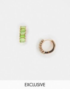 Reclaimed Vintage inspired gold plate huggie hoops with green stone