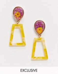 Reclaimed Vintage inspired square drop earrings with pressed flowers-Yellow
