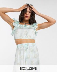 Reclaimed Vintage inspired top with ruffle blue floral print