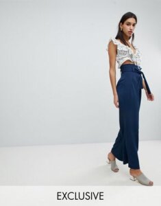 Reclaimed Vintage Inspired Wide Leg PANTS With Paper Bag Waist-Navy