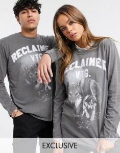 Reclaimed vintage unisex long sleeve top with wolf print-Gray