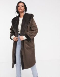 Religion longline hooded shearling coat-Brown