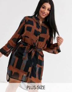 Religion Plus belted shirt dress in abstract print-Black
