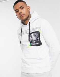Religion text print hoodie with iridescent strips patch in white