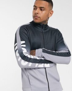 Religion track jacket with sleeve logo in gray fade-Black