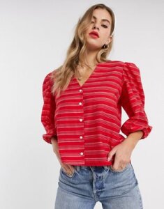 Resume Sheila button front stripe blouse-Red