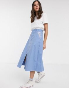Resume tia a-line denim midi skirt with check pockets in dusty blue