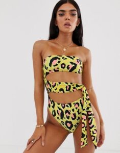 River Island bandeau swimsuit with tie side in leopard print-Green