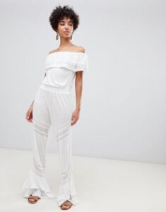 River Island bardot beach jumpsuit with frill detail in white