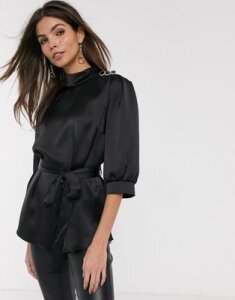 River Island belted satin top in black