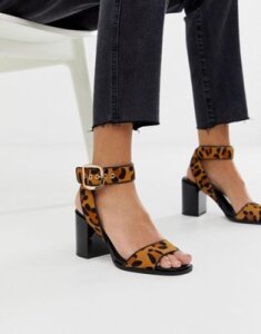 River Island block heeled sandals with ankle strap in leopard print-Brown