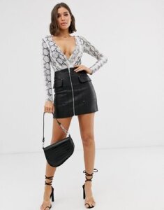 River Island faux leather zip through mini skirt with utility pockets in black