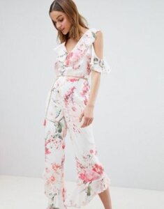 River Island Floral Print Frill Front Jumpsuit-Cream