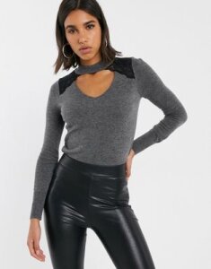 River Island lace cut out sweater in charcoal-Gray