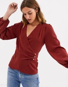 River Island long sleeve wrap blouse in burgundy-Red