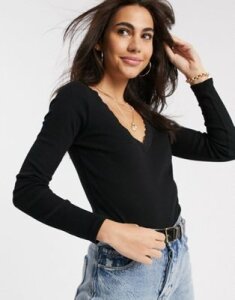 River Island long sleeved lace trim ribbed top in black