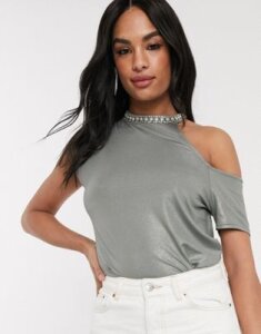 River Island metallic asymmetric shoulder top with embellished neck in green
