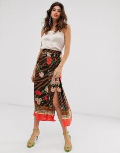 River Island midi skirt with box pleats in scarf print-Multi