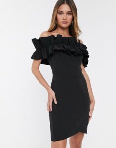 River Island off shoulder dress with ruffles in black