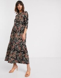 River Island paisley long sleeve tiered maxi dress in black