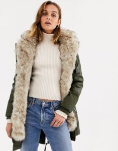 River Island parka coat with faux fur inner in khaki-Green