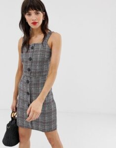 River Island pinny dress wuth button front in gray check-Red
