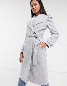 River Island puff sleeve belted robe coat in light gray