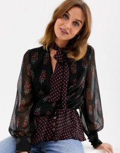 River Island pussybow blouse in mixed print-Black