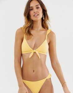River Island ribbed bikini bottom with frill detail in yellow