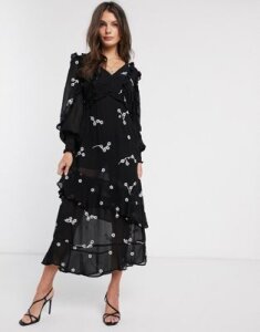 River Island ruffled midaxi dress with contrast embroidery in black