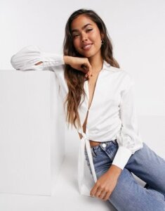 River Island satin luxe drapey knot front shirt in white