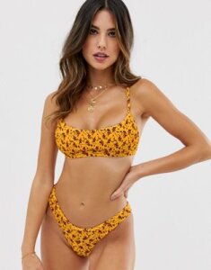 River Island shirred cami bikini top in ditsy print-Yellow