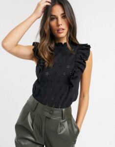 River Island shirred neck frill broderie tank top in black