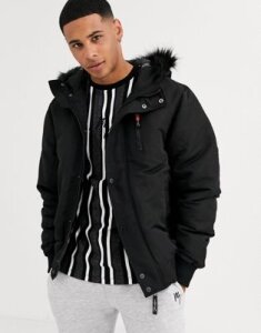 River Island short prolific parka in black with faux fur hood