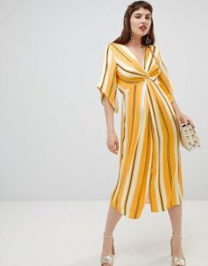 River Island smock midi dress with knot detail in stripe-Yellow