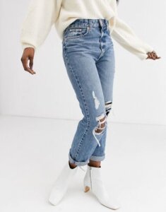 River Island Stormi destroyed mom jeans in mid blue authentic
