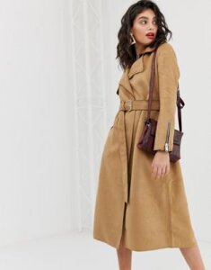 River Island suedette trench coat with belt in camel-Beige