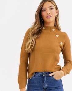 River Island turtleneck sweater with gold buttons in toffee-Brown