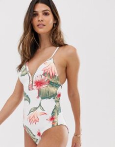 Roxy Dreaming day tropical swimsuit in white multi