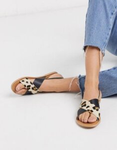Rule London leather flat sandals in black and leopard