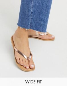 Rule London wide fit leather square toe flip flops in rose gold-Copper