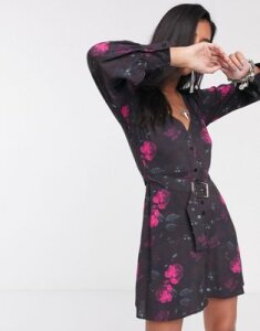 Sacred Hawk vintage tea dress with belt in dark floral-Purple