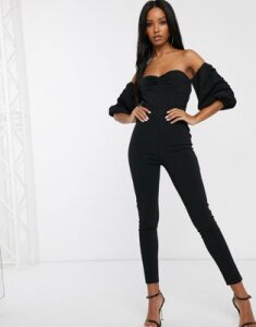 Saint Genies off shoulder jumpsuit with ruched puff sleeve in black