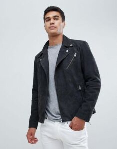 Selected Homme Nubuck Leather Biker Jacket-Gray